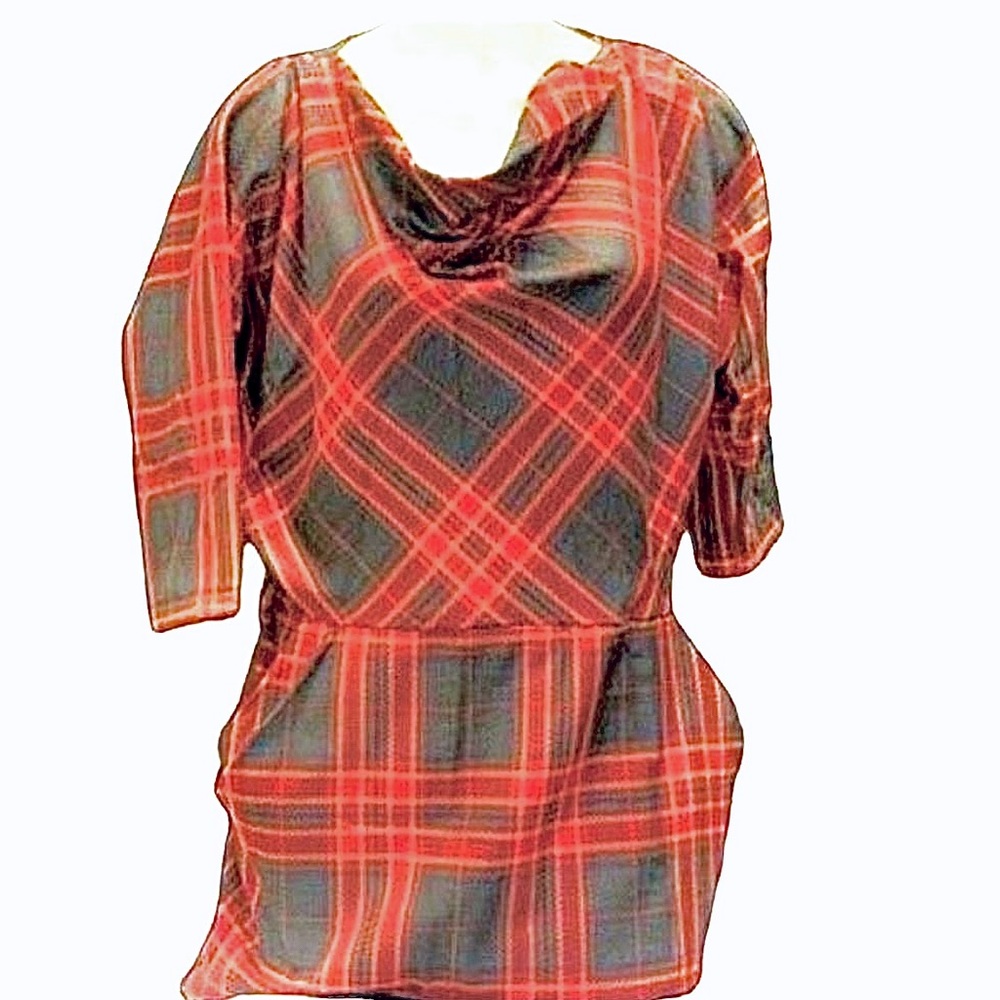 NEW Tugce & Ece Bold Red & Gray Tartan‎ Collection Midi Dress with Pockets SZ 6